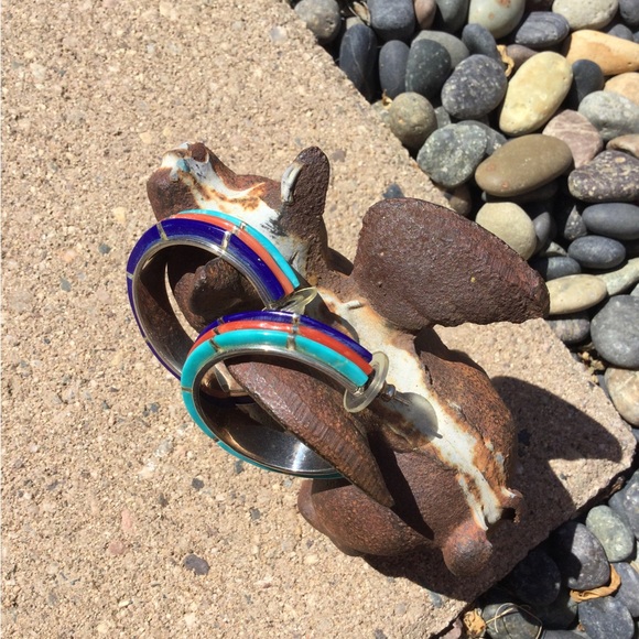 Vintage Native American - Turquoise, Coral & Lapis - Hoop Earrings - Picture 11 of 16